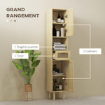 Meuble salle de bain colonne rangement salle de bain avec portes en rotin tiroir 2 placards 32 x 30 x 170 cm chêne