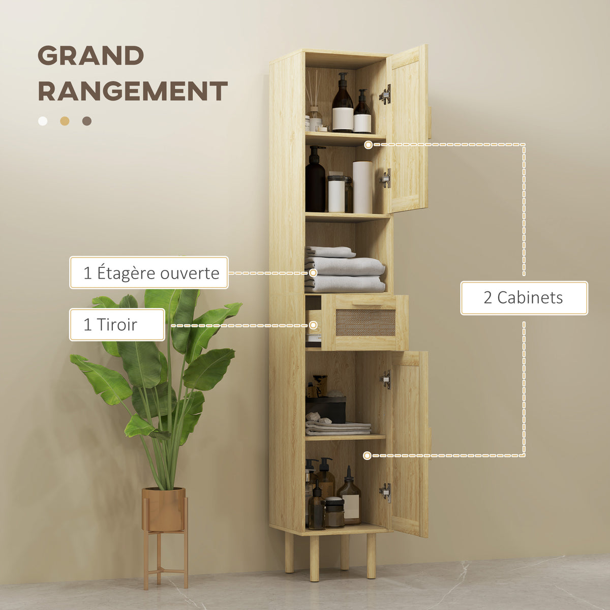 Meuble salle de bain colonne rangement salle de bain avec portes en rotin tiroir 2 placards 32 x 30 x 170 cm chêne