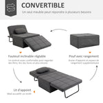 Chauffeuse 1 place 4 en 1 Fauteuil lit Convertible Pouf Dossier inclinable 5 Niveaux Repose-Pied Rabattable, Charge 200 Kg, châssis métal et Tissu Lin gris