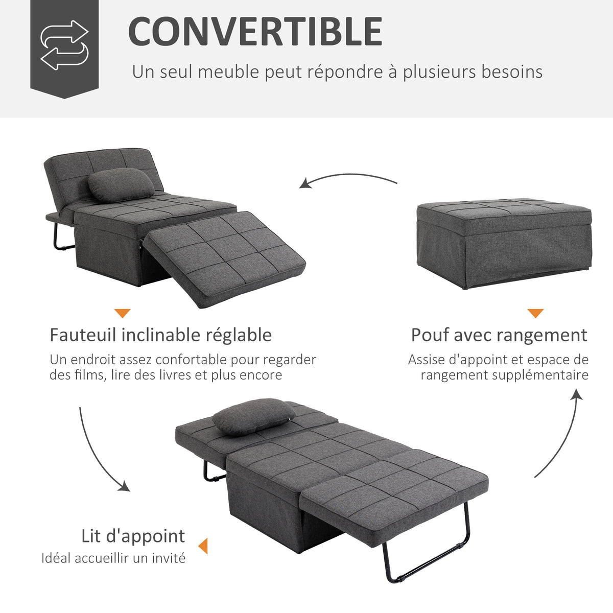 Chauffeuse 1 place 4 en 1 Fauteuil lit Convertible Pouf Dossier inclinable 5 Niveaux Repose-Pied Rabattable, Charge 200 Kg, châssis métal et Tissu Lin gris