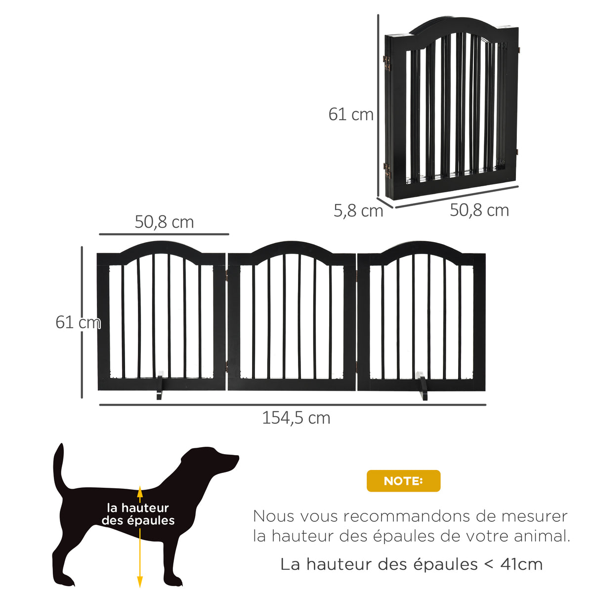Barrière de sécurité chien barrière modulable pliable pour animaux de compagnie avec pied de support MDF bois massif 154,5 x 61 cm noir