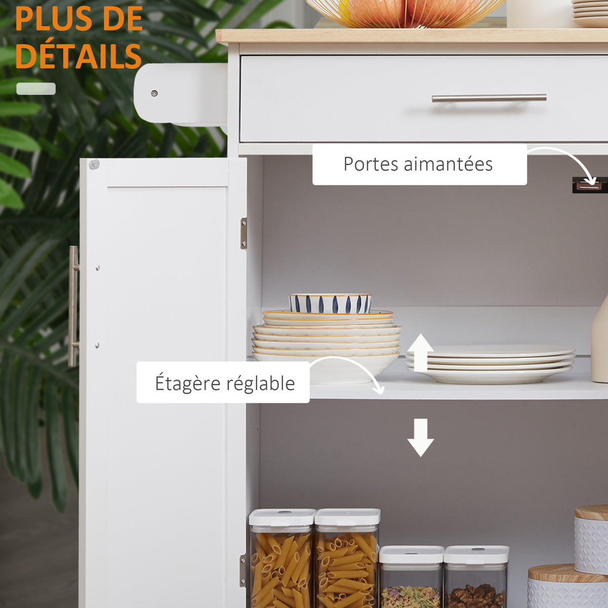 Desserte de cuisine sur roulettes chariot de service Ilot de cuisine avec tiroir de placard et porte-torchons - blanc