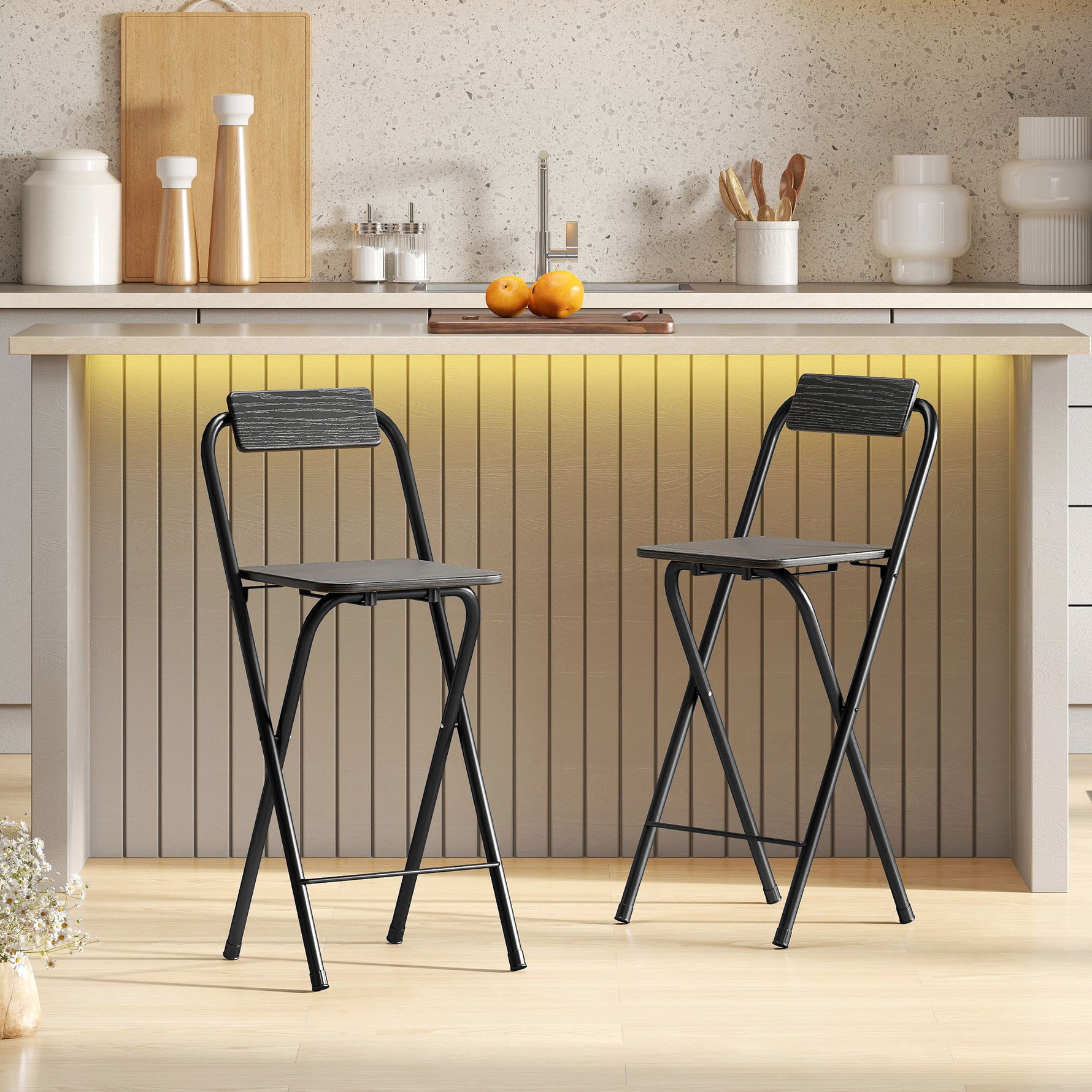 Lot de 2 tabourets de bar pliables avec dossier et repose-pieds, cadre en acier, 87 cm de haut, noir