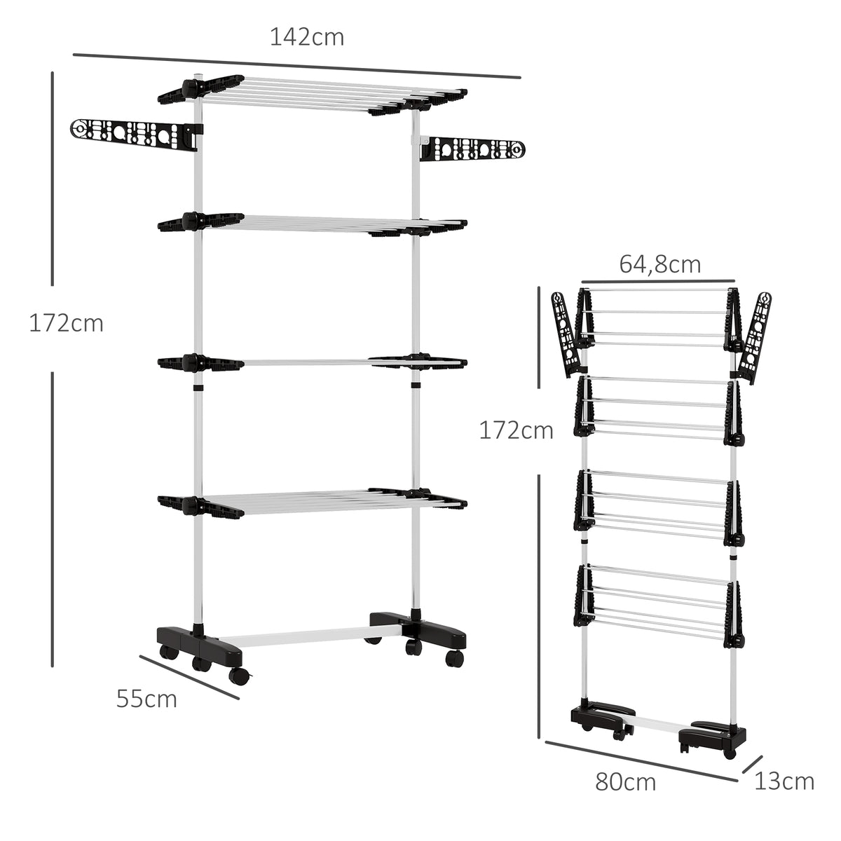 Folding laundry drying rack with side wings for indoor and outdoor use, 142 x 55 x 172 cm, 4 tiers, black