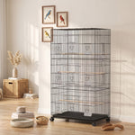 Grande Cage à Oiseaux sur Roulettes en Acier, Plateau Amovible, Portes, Perchoirs, Mangeoires, 77x46,5x141cm, Noir