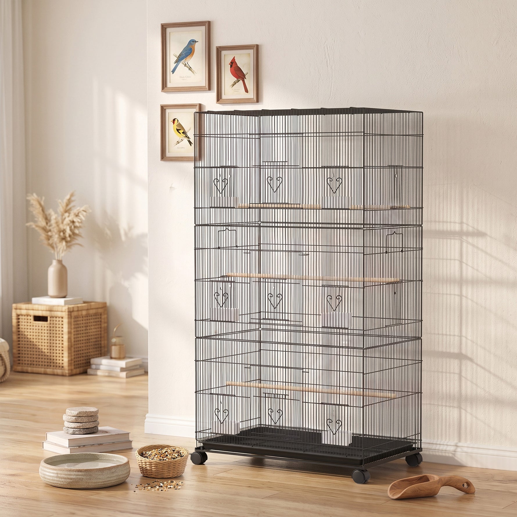 Grande Cage à Oiseaux sur Roulettes en Acier, Plateau Amovible, Portes, Perchoirs, Mangeoires, 77x46,5x141cm, Noir