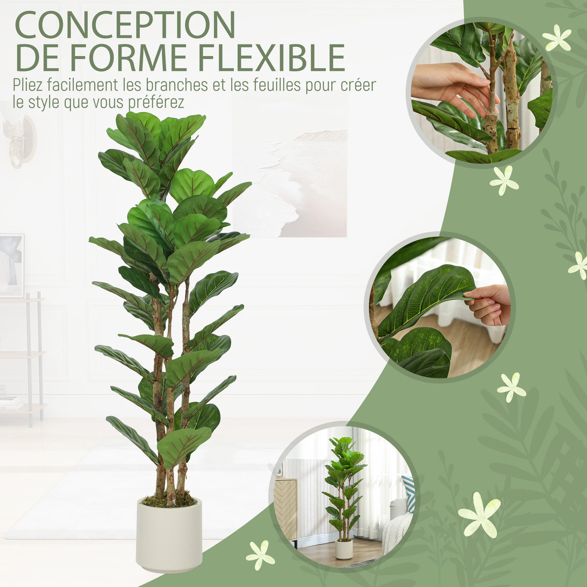 Plante artificielle intérieure 120 cm Figuier lyre arbre artificiel avec pot en plastique et tronc en bois massif, vert
