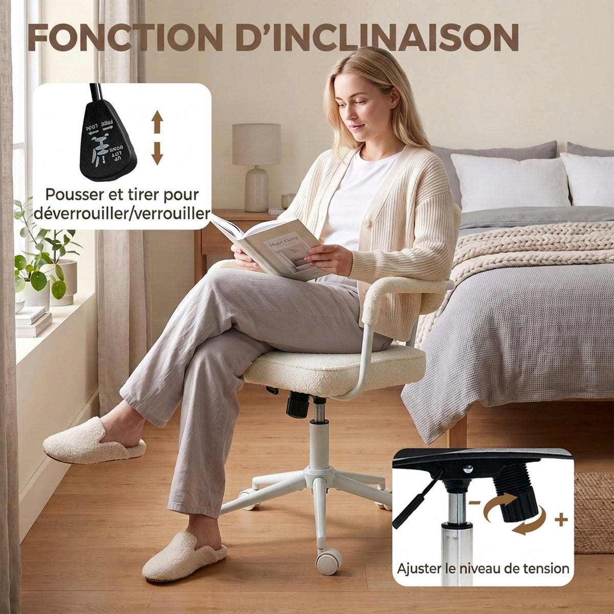 Chaise Bureau Ergonomique, Fauteuil de Bureau en Tissu Bouclette avec Hauteur Réglable, Fonction Bascule, Crème