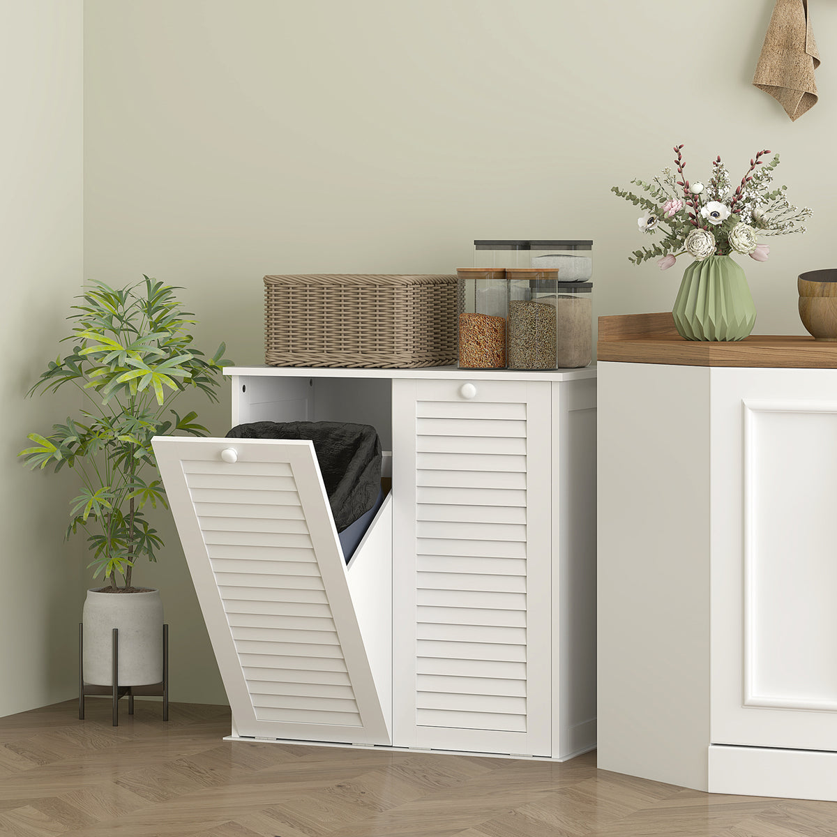 Meuble salle de bain avec panier à linge armoire salle de bain en bois portes persiennes 2 paniers 70 x 38 x 73 cm blanc