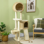 Arbre à chats griffoir sisal naturel 2 niches plateforme hamac peluche jacinthe d'eau - 60 x 60 x 150 cm beige