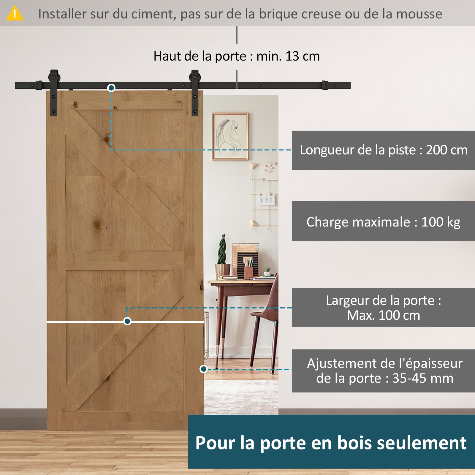 Kit de Porte Coulissante, Système Galandage pour Porte d'une Épaisseur de 35-45 mm et Largeur Max. 1 m, Charge