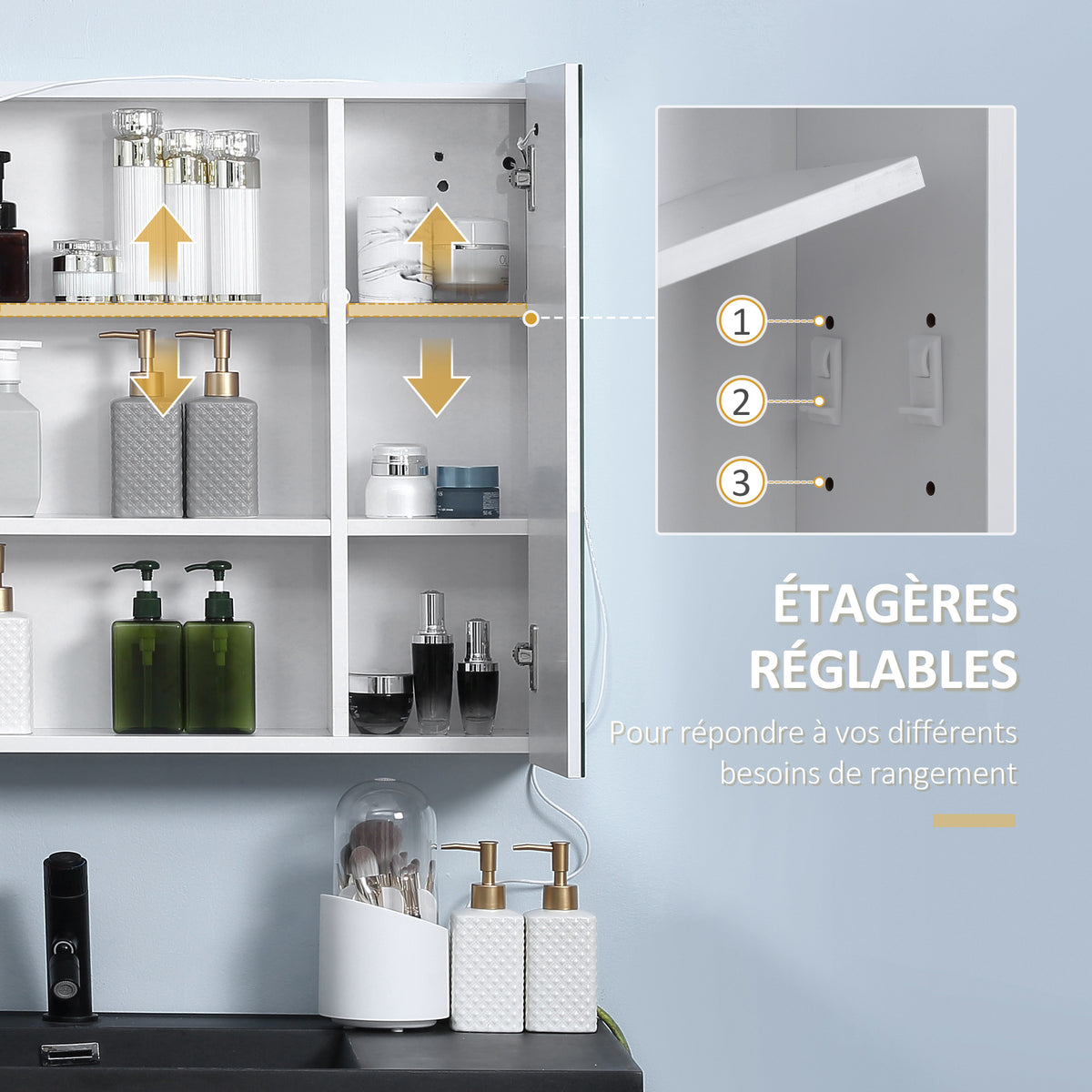 Armoire murale miroir lumineux LED salle de bain 2 portes avec 3 niveaux 70 x 15 x 65 cm blanc