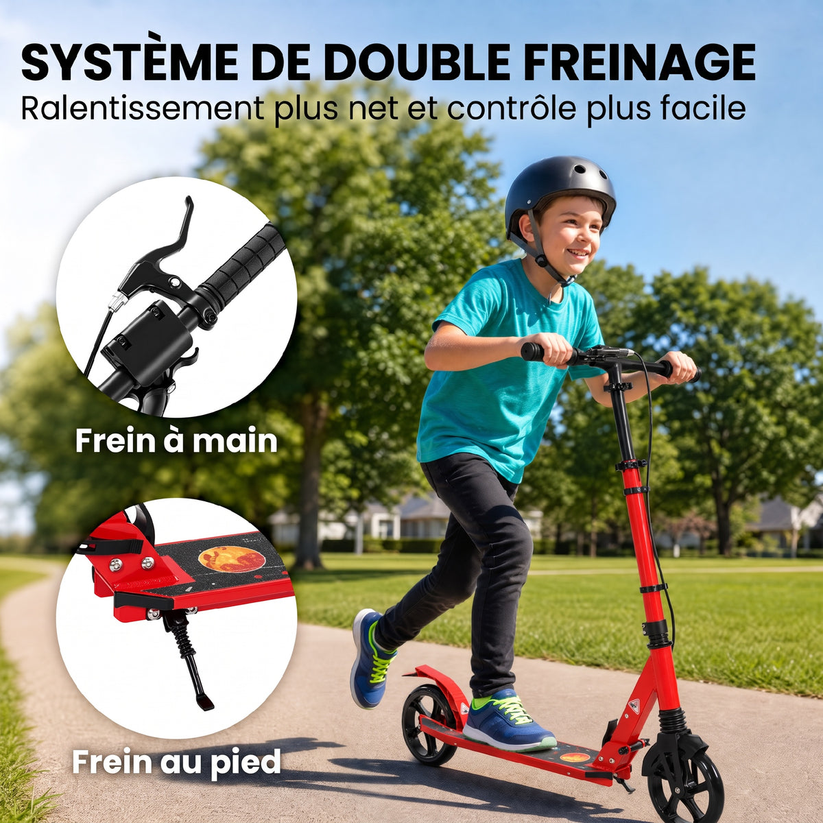 Foldable Aluminium Scooter, Adjustable Handlebar, Dual Hand/Foot Braking, 18 cm PU Wheels, 86x38x103.5cm, Red