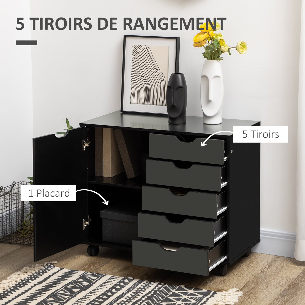 Caisson de bureau avec 5 tiroirs 1 porte étagère réglable, support imprimante sur roulettes, 78x40x66,5 cm, noir