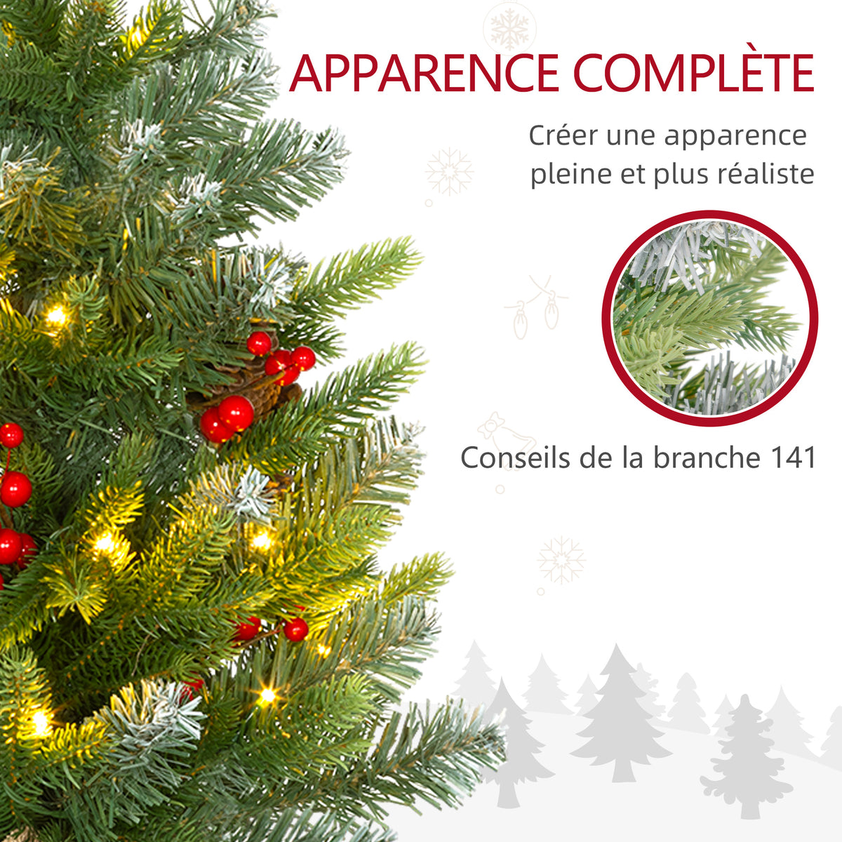 Sapin de Noël 60 cm arbre de Noël de table avec lumière LED, 141 pointes, pommes de pin et baies rouges, base en béton-5