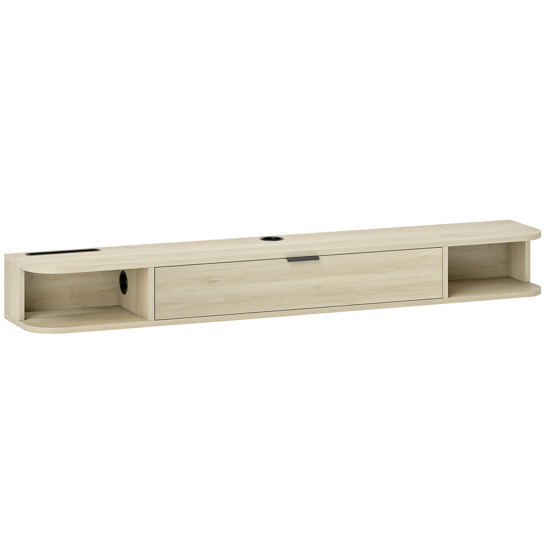 Meuble TV suspendu, meuble télé pour téléviseur jusqu'à 60 pouces, tiroir rabattable 2 étagères 140x24x16cm bois naturel