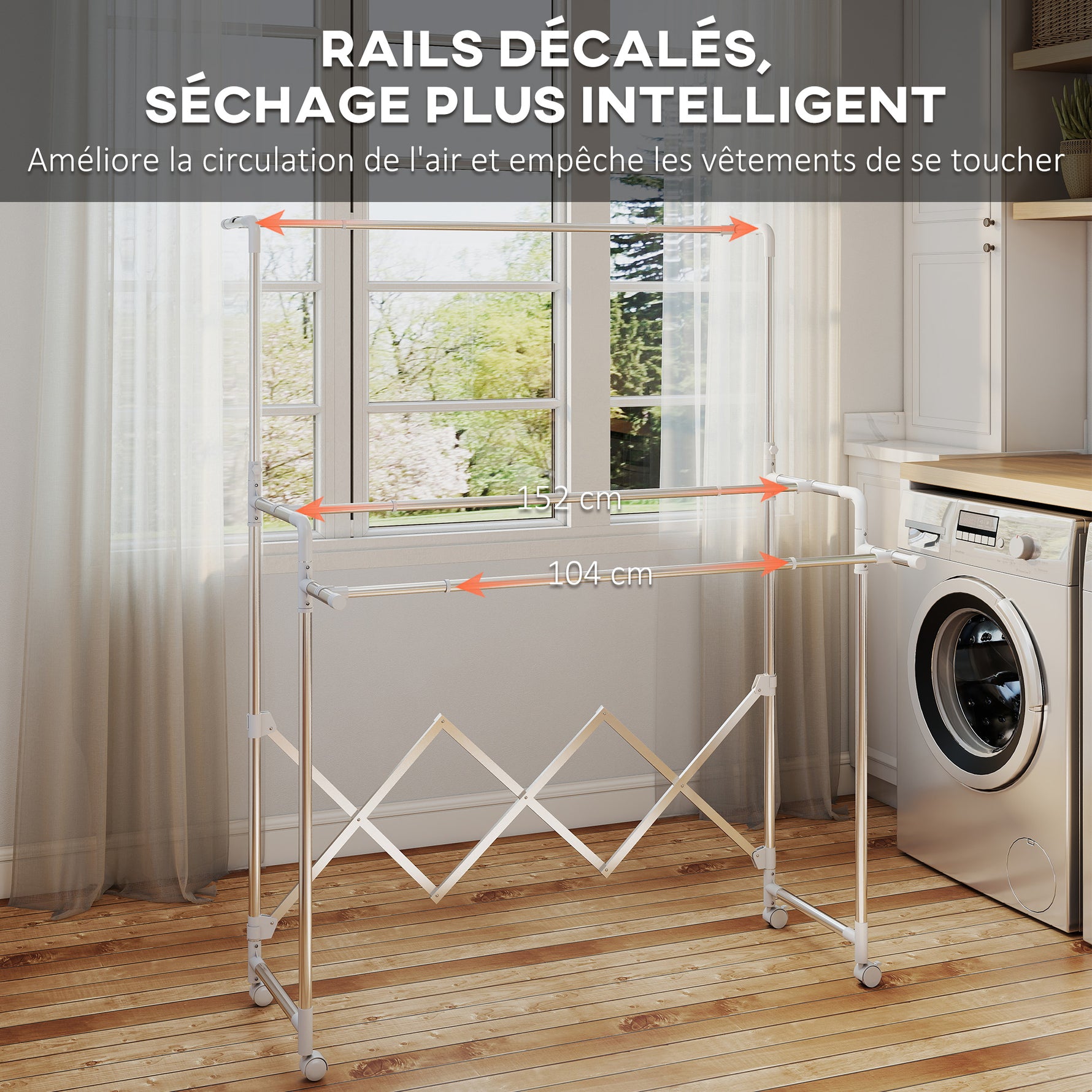 Séchoir à linge pliable étendoir linge intérieur à 3 barres réglables et 4 roulettes 104-150 x 103 x 145-197 cm argent