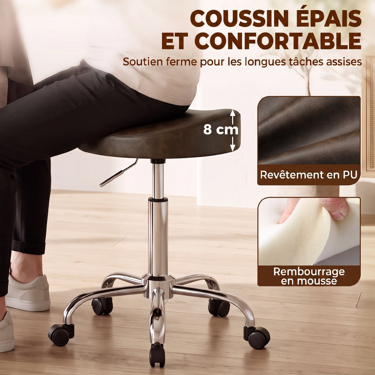 Tabouret à roulettes, tabouret de salon avec hauteur réglable 51-66 cm et assise rembourrée, pivotant 360°, marron