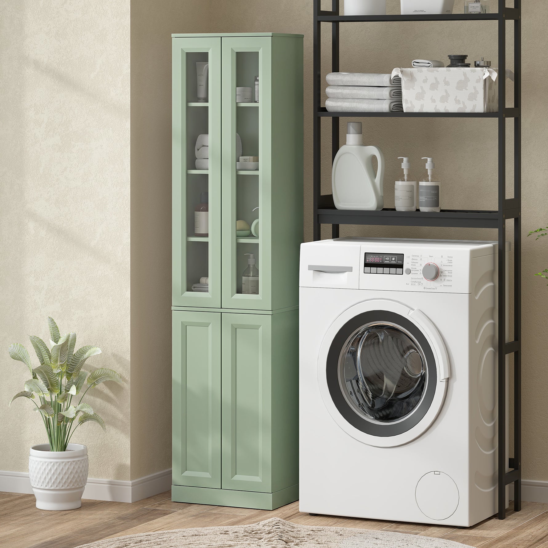 Meuble de Salle de Bain 6 niveaux, Meuble de Rangement avec 4 Portes à Fermeture Douce et Étagères Réglables, Vert