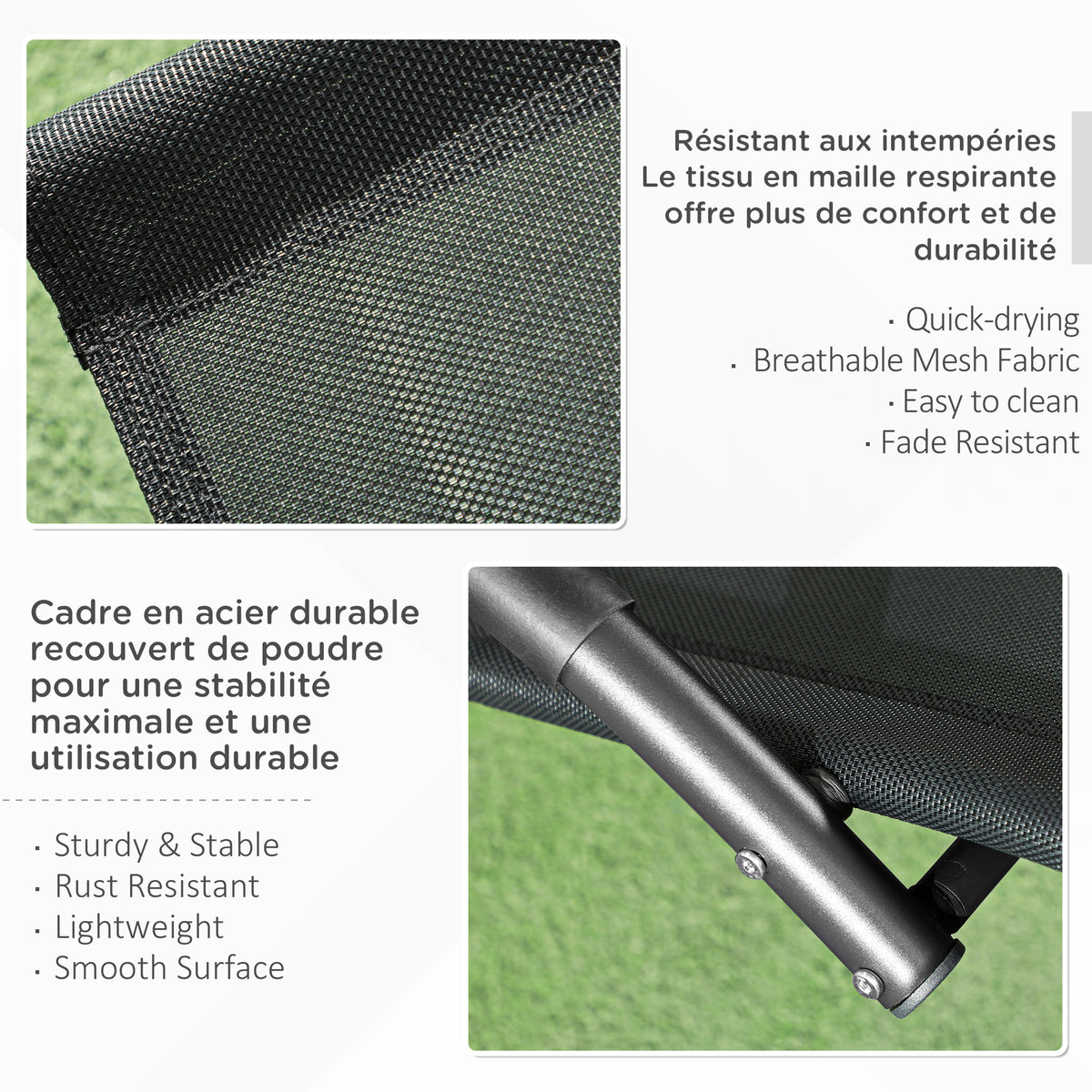 Chaise longue à bascule avec tétière utilisation extérieure intérieure noir