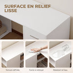 Bureau d'Angle, Bureau Informatique en L, 3 Tiroirs, 5 Compartiments Ouverts, Étagères Réglables, 140x100x75cm, Blanc