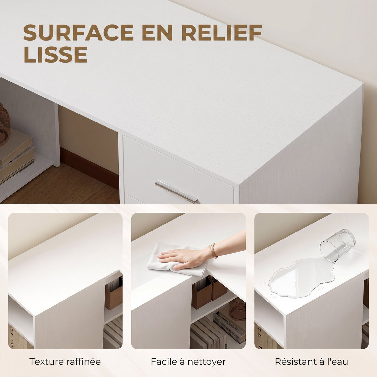 Bureau d'Angle, Bureau Informatique en L, 3 Tiroirs, 5 Compartiments Ouverts, Étagères Réglables, 140x100x75cm, Blanc