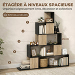 Étagère de rangement, bibliothèque géométrique à 5 niveaux, pour bureau, salon, chambre, noir et bois naturel
