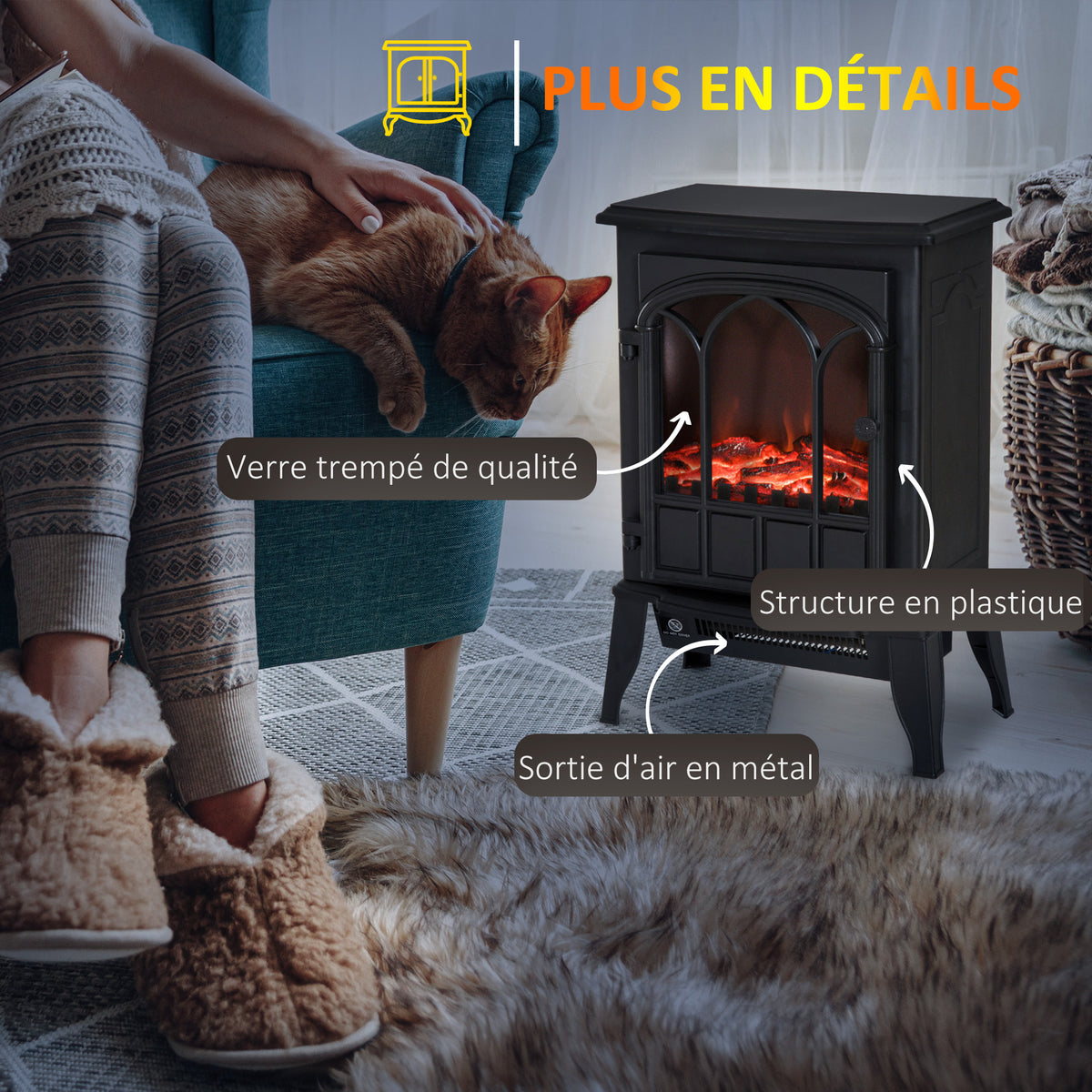 Cheminée électrique sur pied 1000/2000 W, fausse cheminée décorative avec effet flamme LED, protection contre la surchauffe, zone de couverture 15-30 m², noir