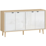 Buffet à haute brillance, meuble de rangement avec 4 portes, étagères réglables, 141 x 35 x 77 cm, blanc et chêne