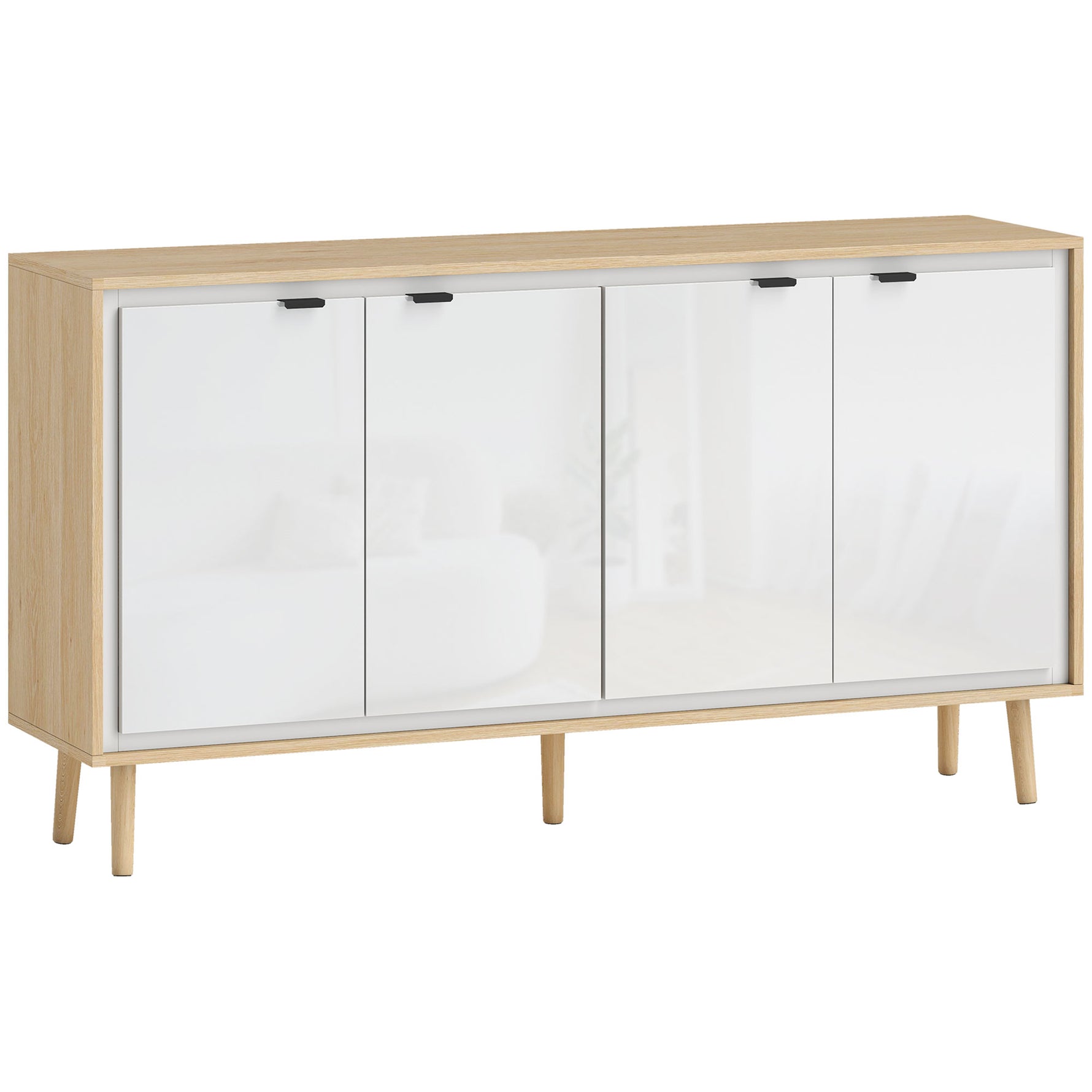 Buffet à haute brillance, meuble de rangement avec 4 portes, étagères réglables, 141 x 35 x 77 cm, blanc et chêne