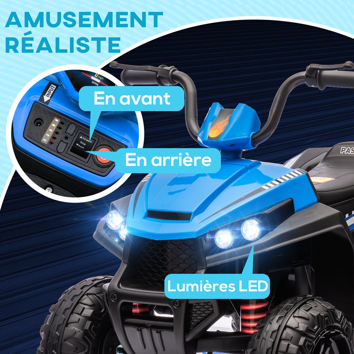 Quad électrique enfant 12 V voiture électrique 2 moteurs marche avant et arrière 37-60 mois 85 x 55,5 x 62 cm bleu