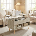 Mesa de centro elevable, mesa de salón con compartimento oculto y estantes abiertos, 75 x 40 x 58 cm, madera natural