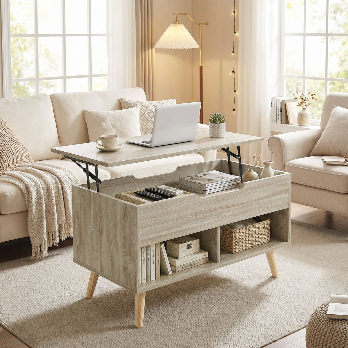 Mesa de centro elevable, mesa de salón con compartimento oculto y estantes abiertos, 75 x 40 x 58 cm, madera natural