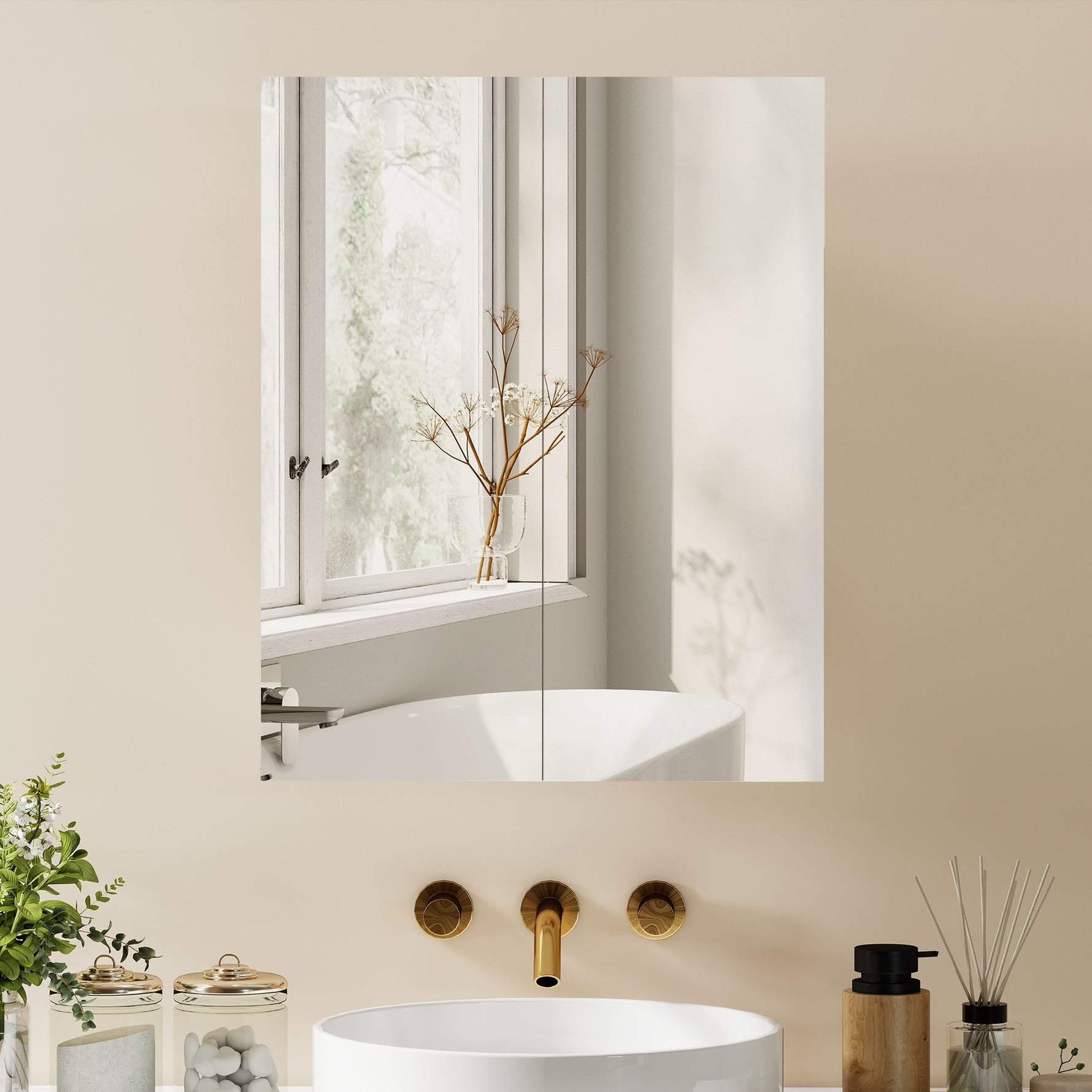 Armoire avec Miroir en Bois Rangement Salle de Bain Fermeture Porte Tampon MDF