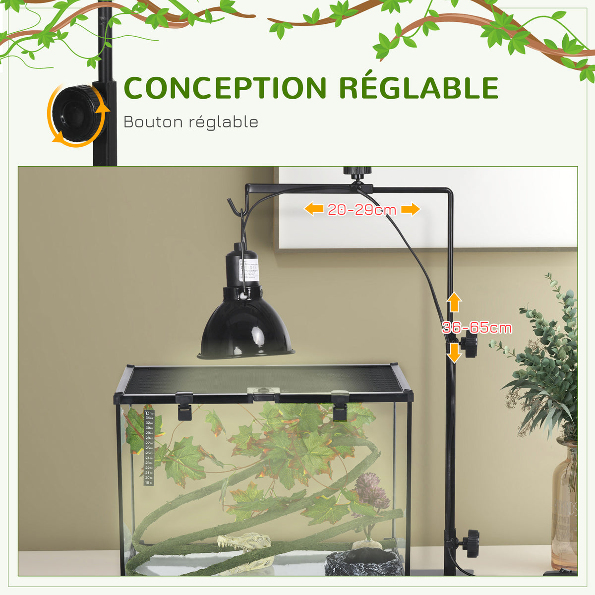 Support de lampe chauffante pour reptiles hauteur et largeur réglables pour amphibiens base en acier 32 x 9 x 67 cm noir