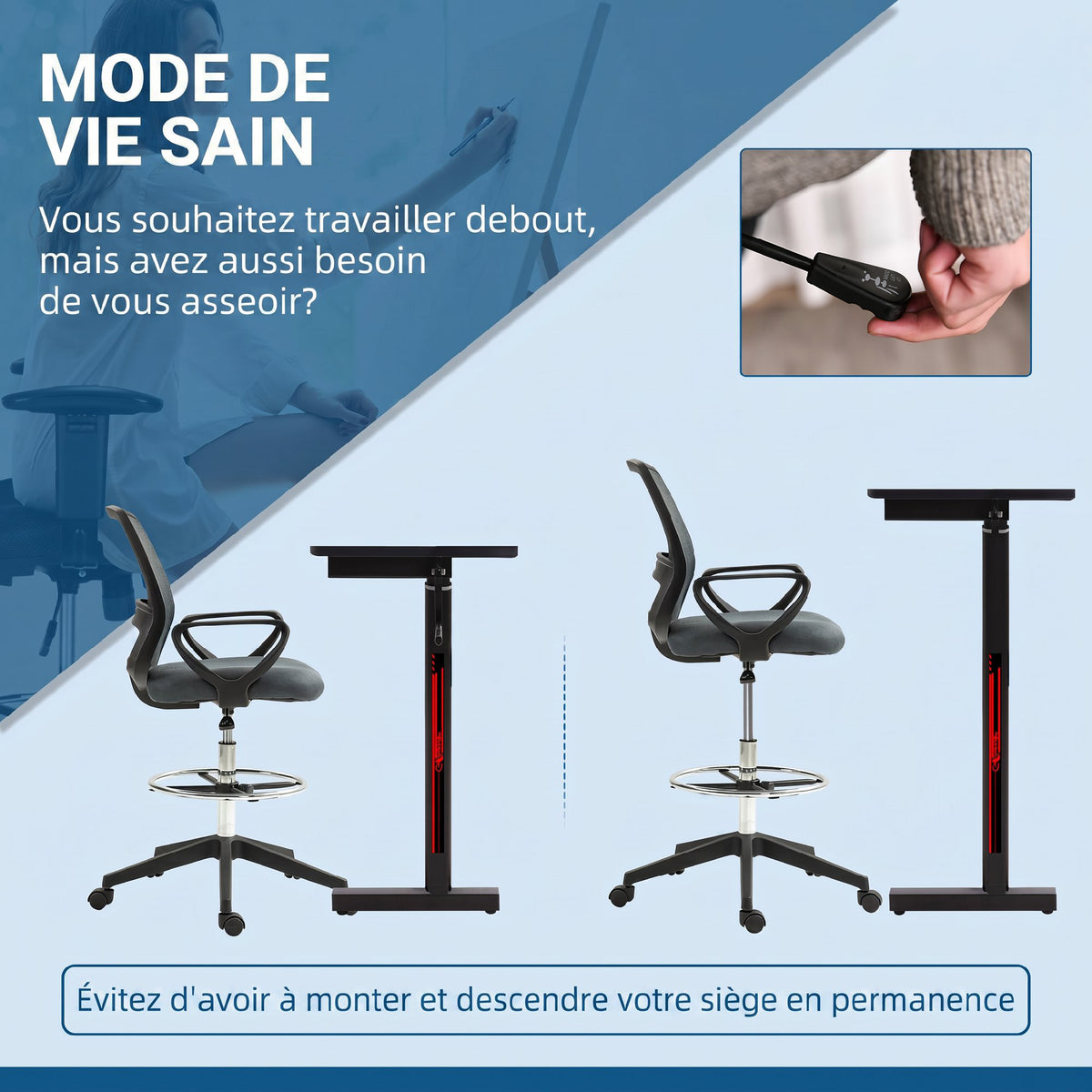 Fauteuil de bureau chaise de bureau assise haute réglable tabouret de bureau pivotant 360° maille respirante