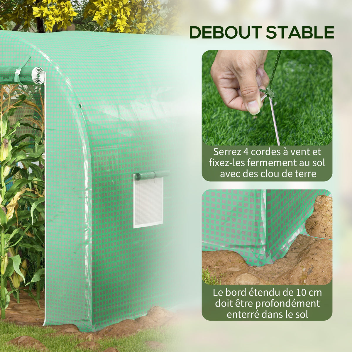 Serra da giardino a tunnel, superficie a terra 8 m², 4L x 2P x 2,05A m, telaio tubolare, porta con cerniera, 6 finestre avvolgibili, verde