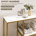 Console meuble 120 cm, table console 3 niveaux avec étagères de rangement, plateaux imitation marbre, blanc et doré