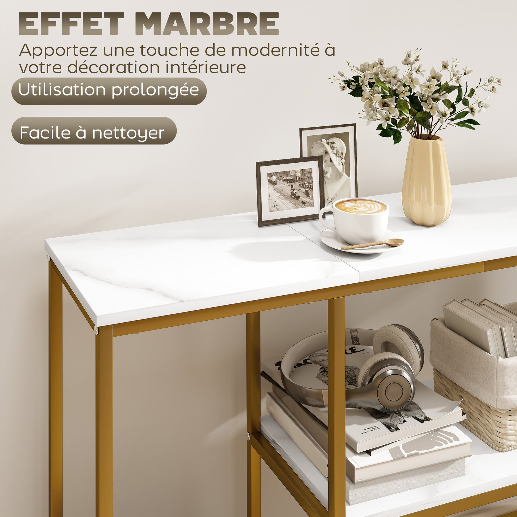 Console meuble 120 cm, table console 3 niveaux avec étagères de rangement, plateaux imitation marbre, blanc et doré