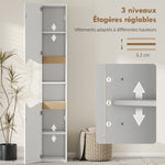 Meuble colonne salle de bain étroit, 2 portes, compartiments ouverts, étagères réglables, 30 x 34,6 x 180,5 cm, blanc