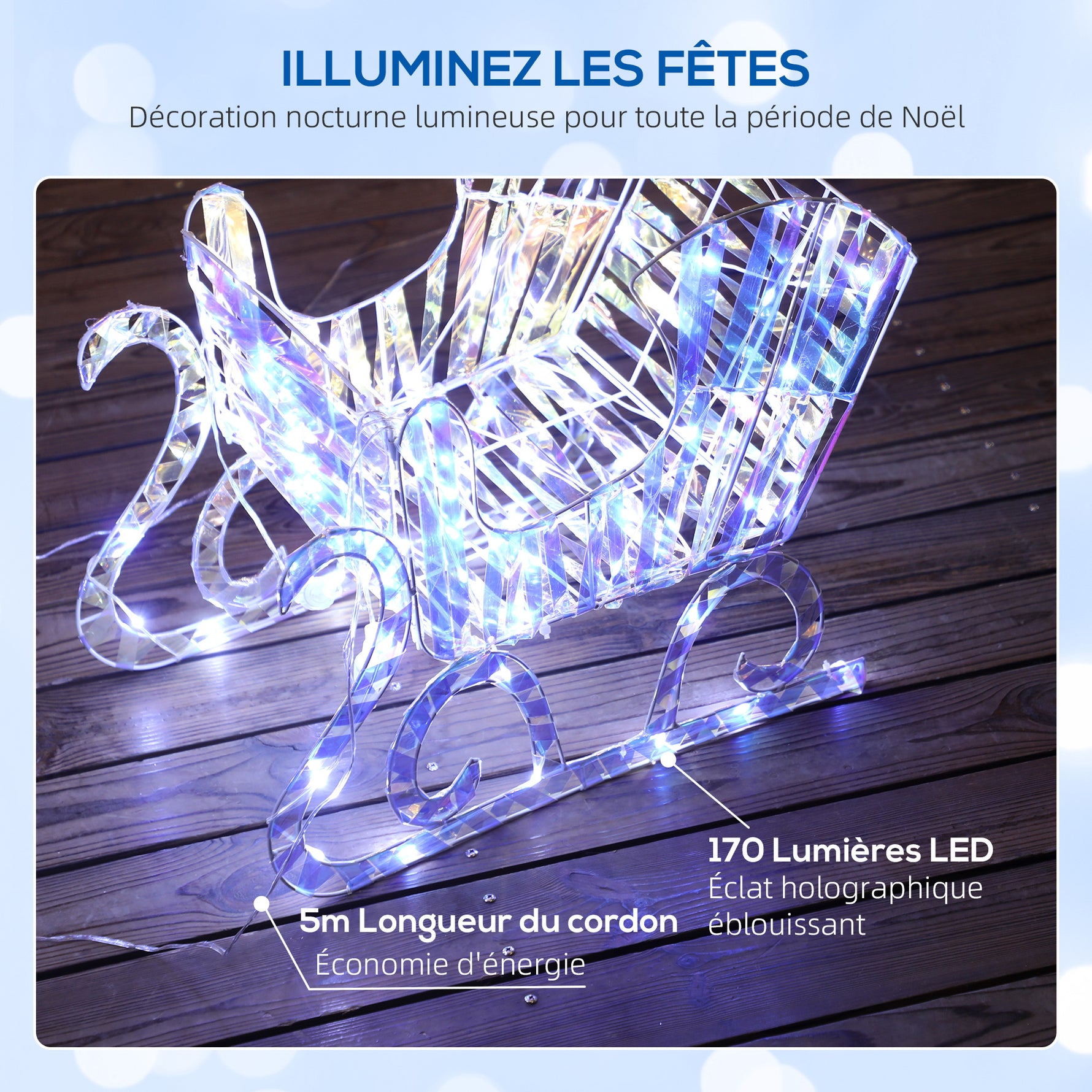 Renne et traîneau lumineux de Noël avec 170 LED blanc chaud, décoration de Noël pour intérieur et extérieur, 60x29x115cm