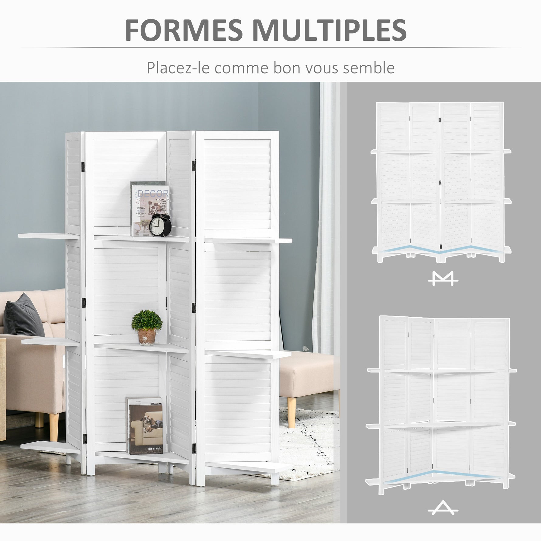 Paravent Intérieur en Bois 4 Panneaux 160 x 170 cm, Séparateur de Pièce Pliable avec 3 Étagères, Cloison de Séparation pour Salon, Chambre à Coucher, Maison, Blanc