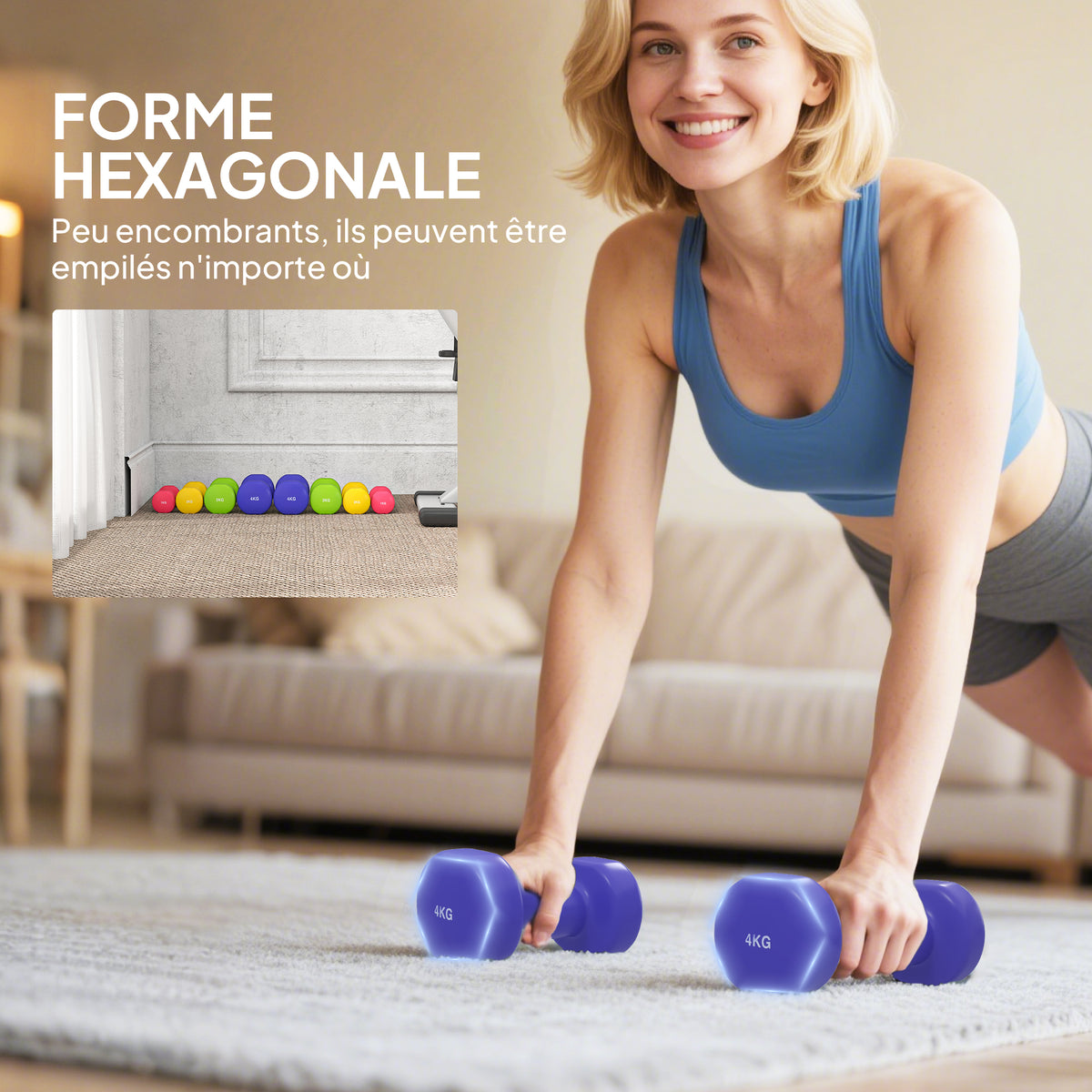 Ensemble d'haltères hexagonaux total 20 kg lot de 8 haltères courts de gym avec revêtement en polyuréthane multicolore