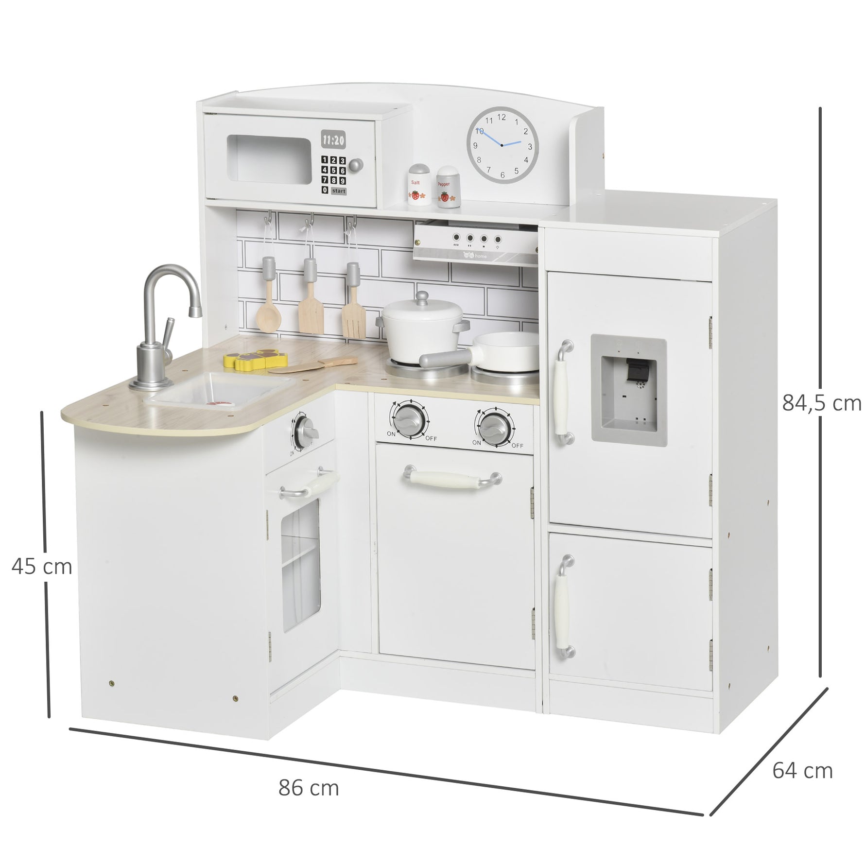 Cuisine Bois Jeu d'imitation - Cuisine Enfant 3+ Ans - Nombreux Accessoires & rangements Inclus - micro-ondes, hotte, évier avec robinet - MDF pin Blanc