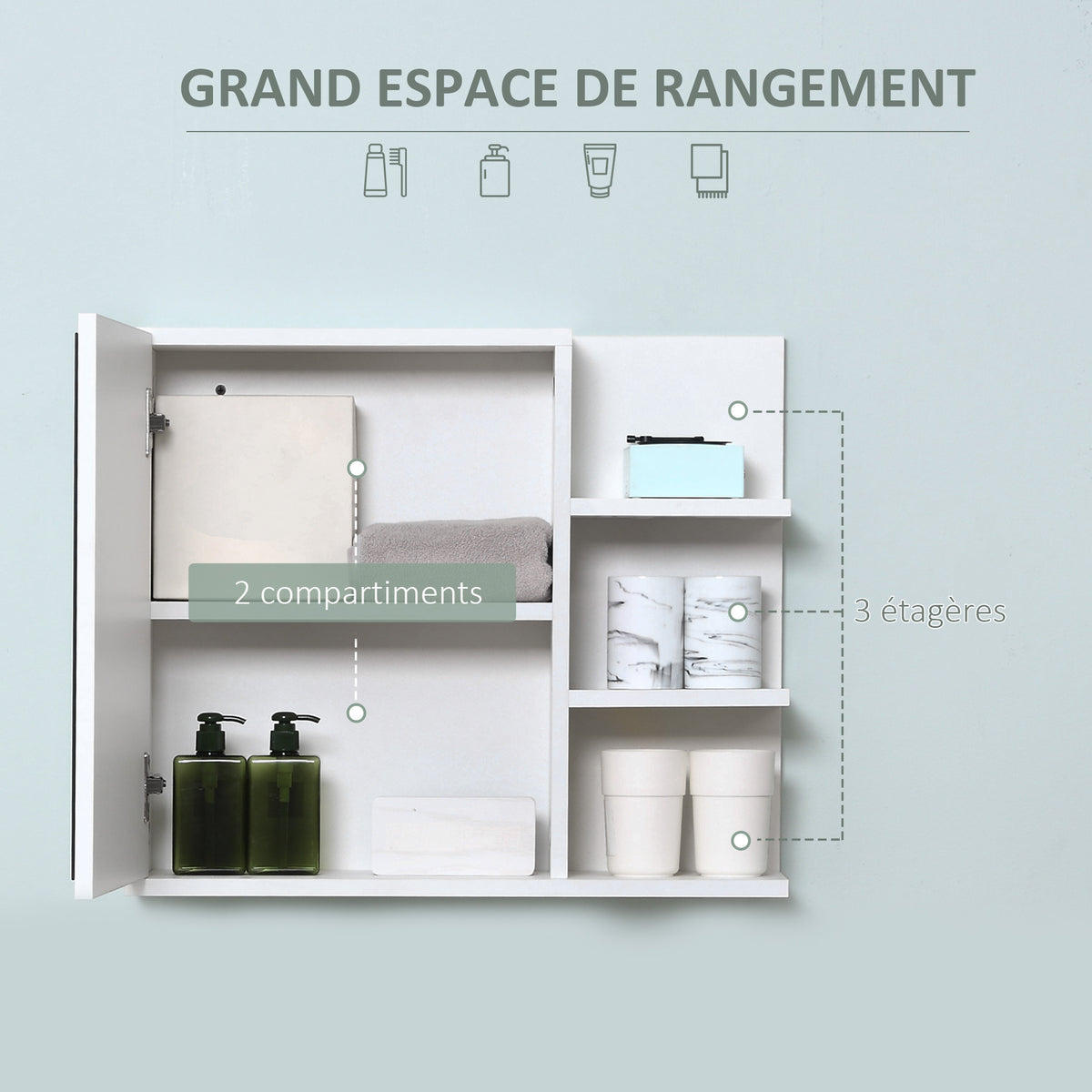 Armoire Miroir de Salle de Bain avec étagère 3 étagères latérales kit Installation Murale fourni en Bois Aspect Blanc