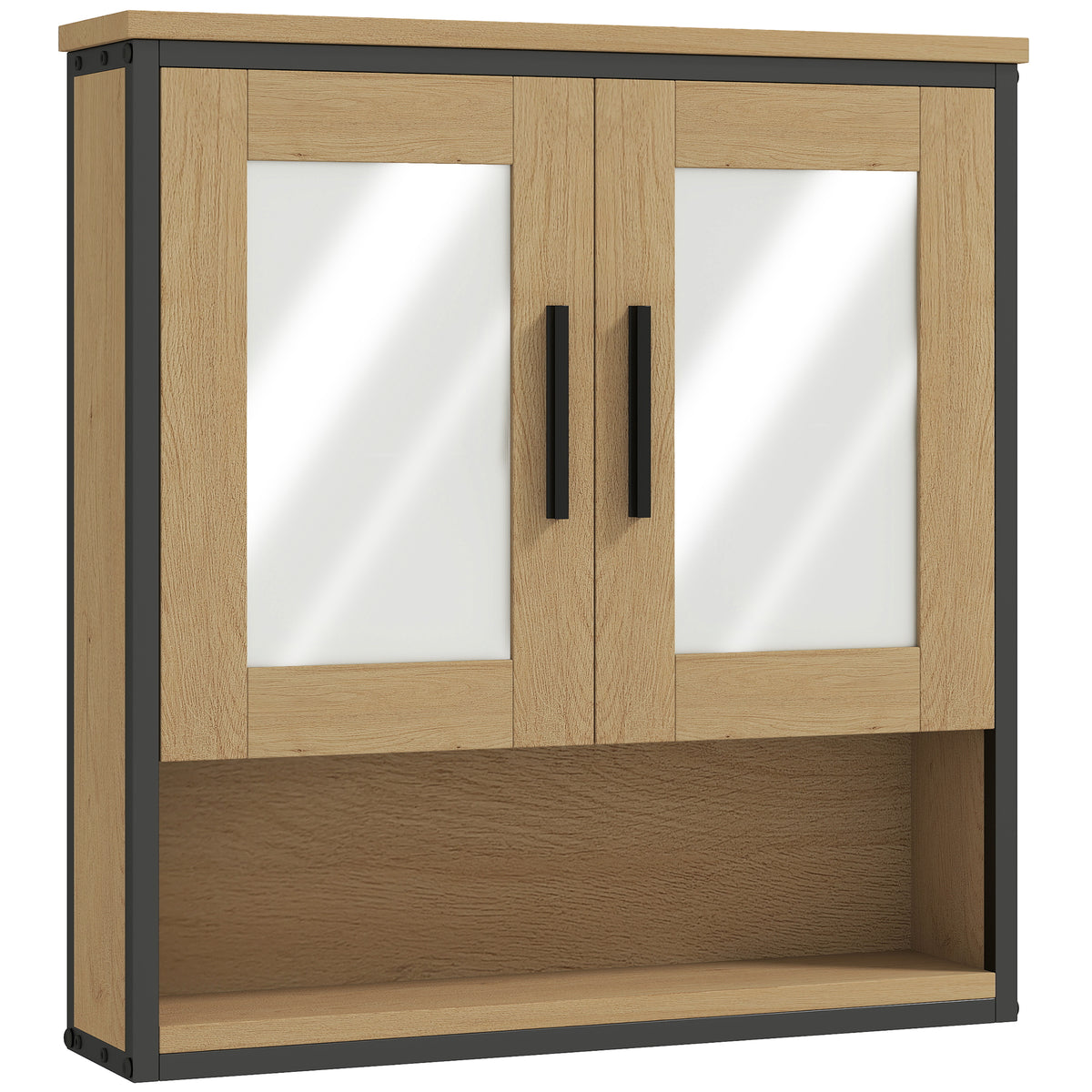 Armoire murale salle de bain avec miroir, meuble salle de bain avec compartiment ouvert et étagère réglable, chêne