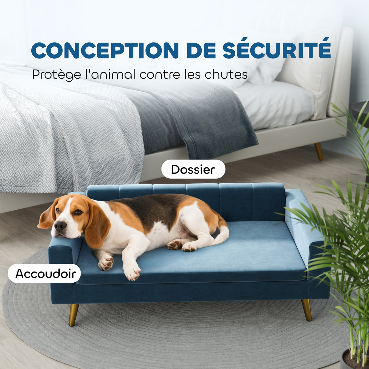 Canapé chien lit pour chien design scandinave coussin moelleux pieds métal doré 94 x 59,5 x 31,5 cm velours soyeux bleu