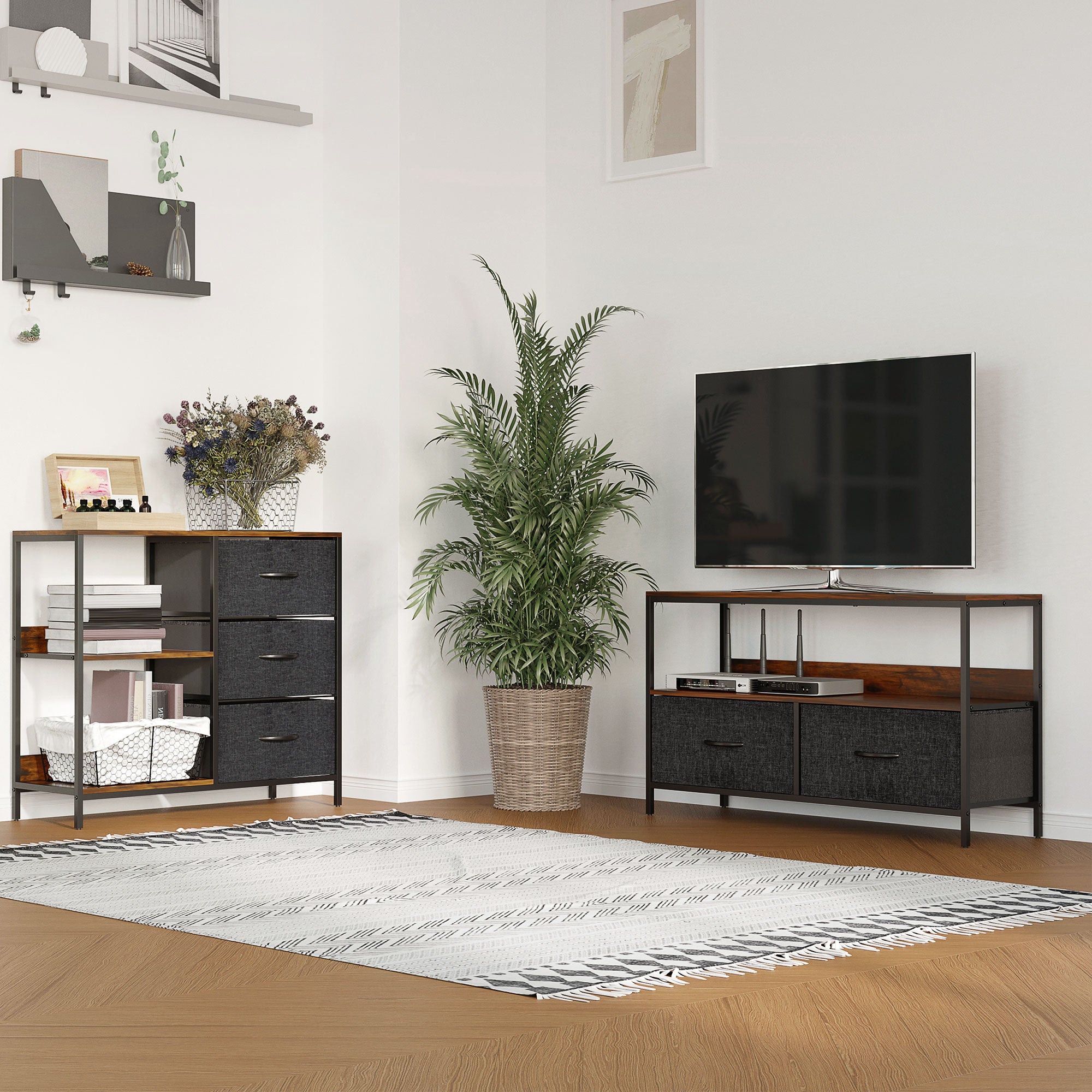 Meuble TV Bas sur Pieds Style Industriel 2 tiroirs en Tissu Gris MDF Brun Rustique et métal Noir