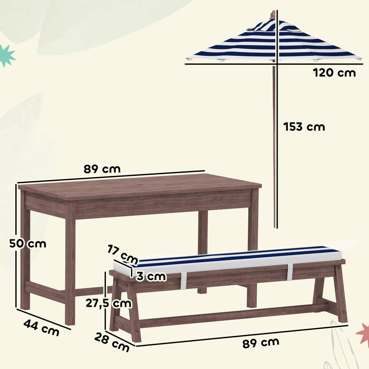 Ensemble salon de jardin extérieur enfant avec coussins et parasol amovible, rayé bleu marine et blanc