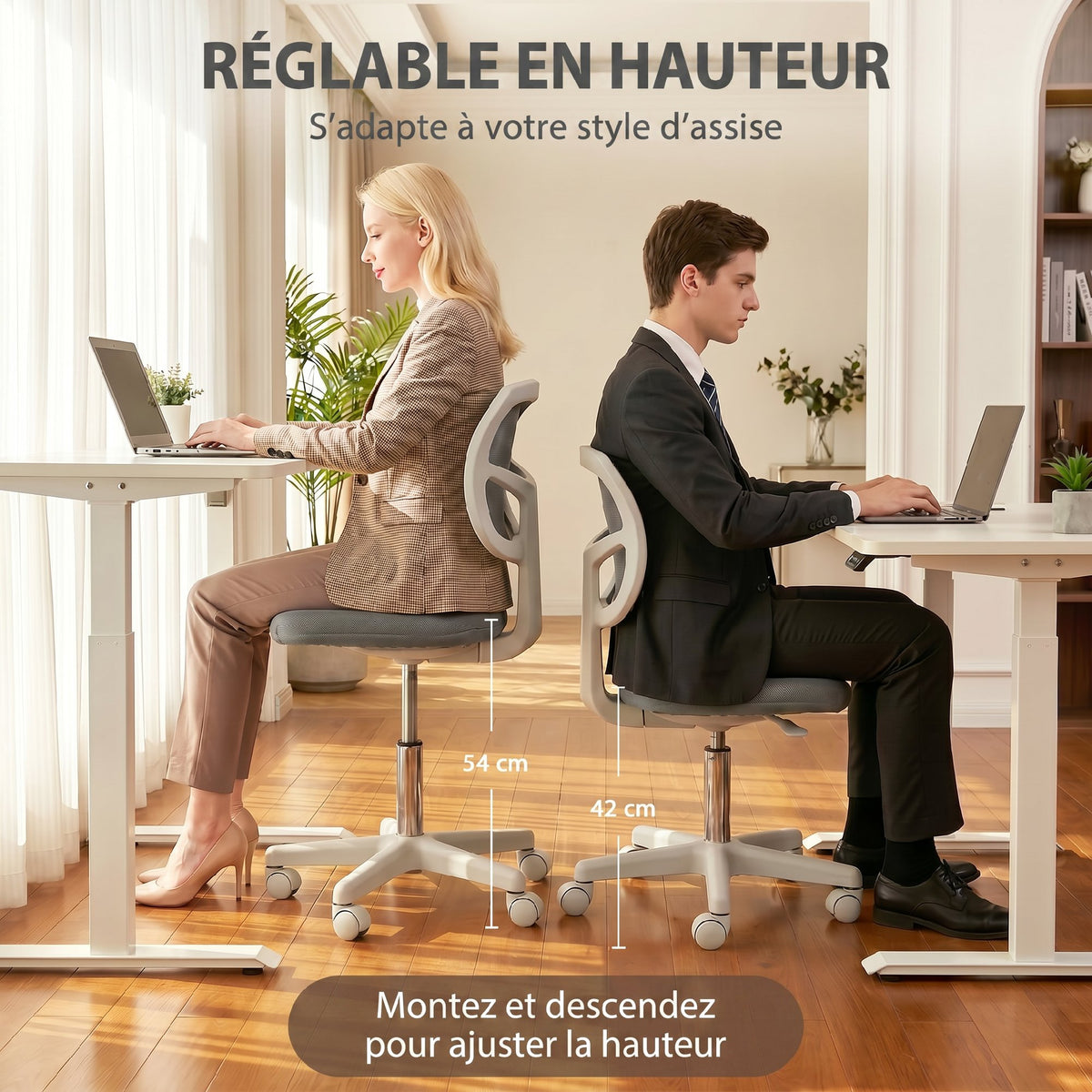 Chaise de Bureau Ergonomique Sans Accoudoirs, Fauteuil de Bureau Pivotant, Dossier Courbé en Maille et Roulettes, Gris